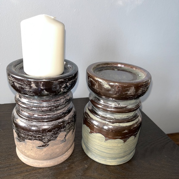 Pair of Urban Barn "Margo'" pewter-glazed, ceramic candle-holders, approx 6 in. - Picture 9 of 9
